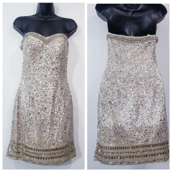 LARA Designs Rhinestones Jeweled Beads Embellished Champagne Mini Dress - Picture 1 of 15